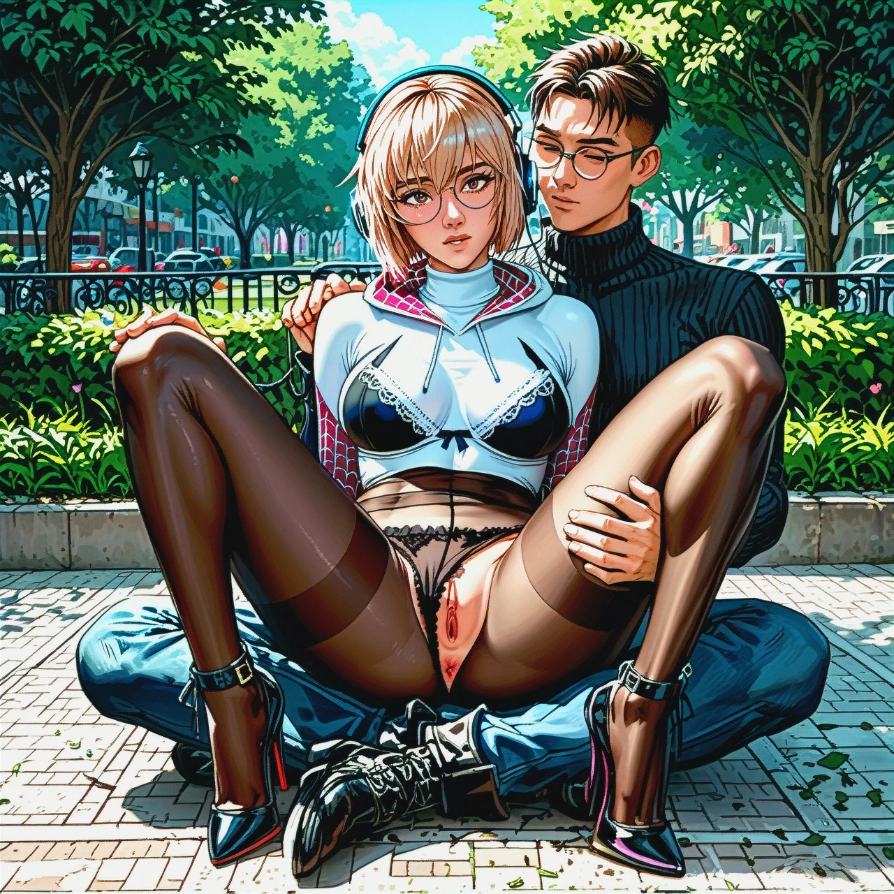 1girl,1boy, a girl with a man headphones, teasing_look, creampiet, tight_pink anus,paw_feet,on_back,blue_turtleneck, shirtless,fishnet,round_glasses,frilled_bra,gothic_boots, Pants,pantyhose_pull,gold_jewelry,lace_panties,high_heels, park, illustration, studio_lighting, spider-gwen, ayanami