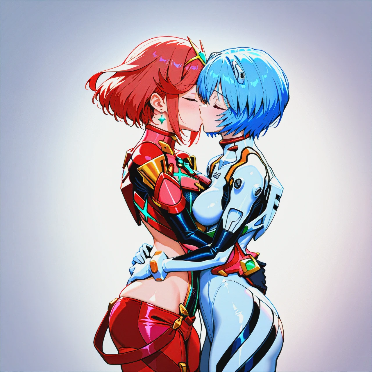 2girls,hug,kiss, @ayanami_rei, plugsuit bodysuit, brake, @pyra, plugsuit bodysuit,