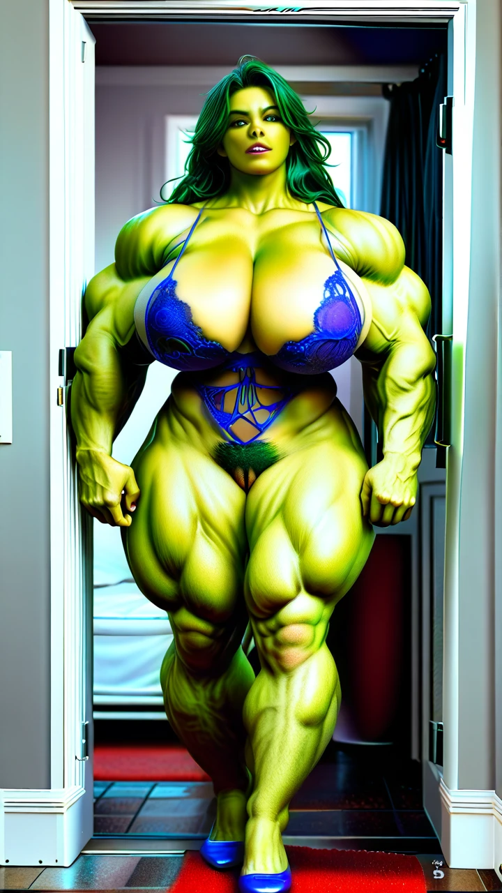 @she_hulk, hyper massive muscles female, massive muscles, hyper gigantic massive muscles, massive muscles, hyper gigantic muscles, hyper gigant muscles, hyper giant muscles, hyper muscle tank, nude pectorales, big Hairy pussy, lingerie stockings, gaped pussy, home futa