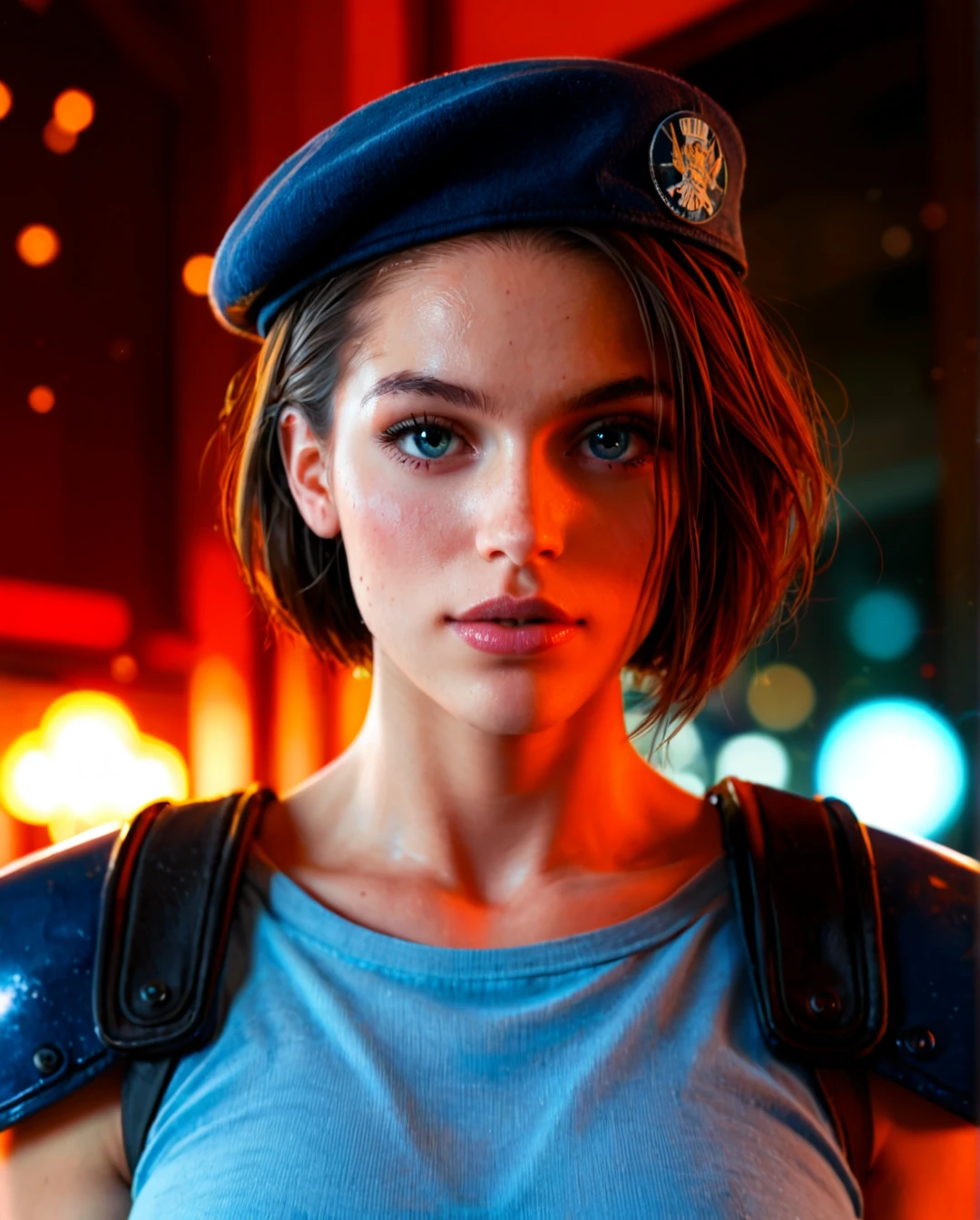 Jill Valentine beautiful sexy bitch, dynamic camera angle, extreme close-up, resident evil, fitted beret, dark blue shoulder pads, light blue t-shirt, wandering the dark zombie infested hallways of a spooky mansion, highly detailed, dramatic pose, dynamic lighting and shadows, bokeh, dramatic angle, extreme angle shot, night time