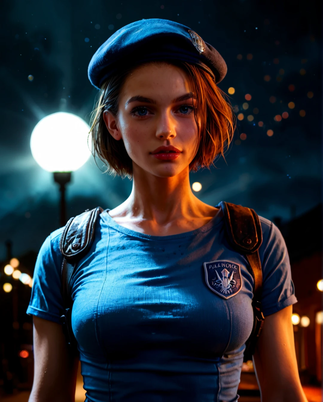 Jill Valentine beautiful sexy bitch, dynamic camera angle, resident evil, fitted beret, dark blue shoulder pads, light blue t-shirt, wandering the dark zombie infested hallways of a spooky mansion, highly detailed, dramatic pose, dynamic lighting and shadows, bokeh, dramatic angle, extreme angle shot, night time