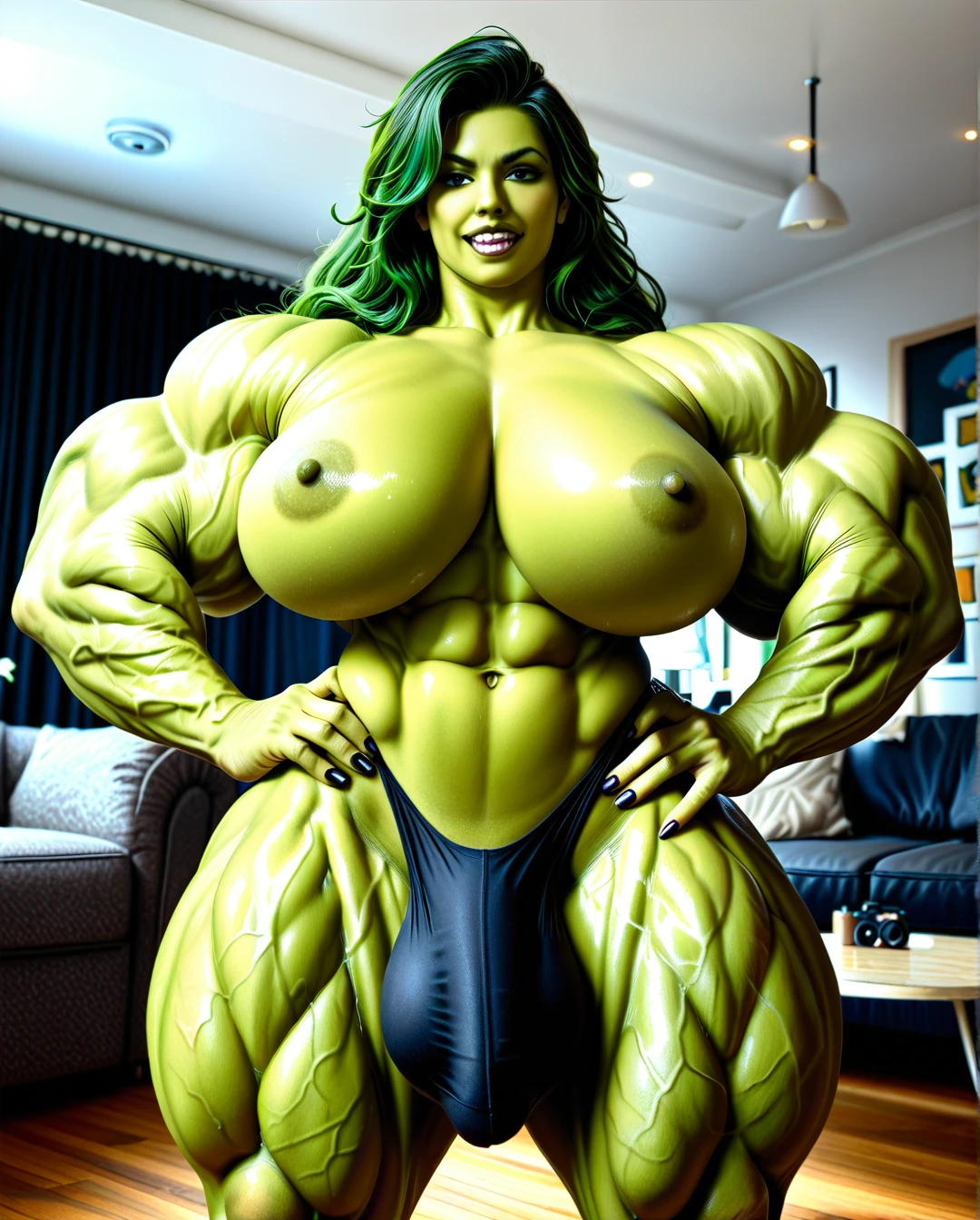 She hulk, hyper massive muscles female, massive muscles buffet, hyper gigantic muscles, hyper gigant muscles, hyper giant muscles, hyper muscle tank, nude pectorales, bigger Futanari Cock bulge, home