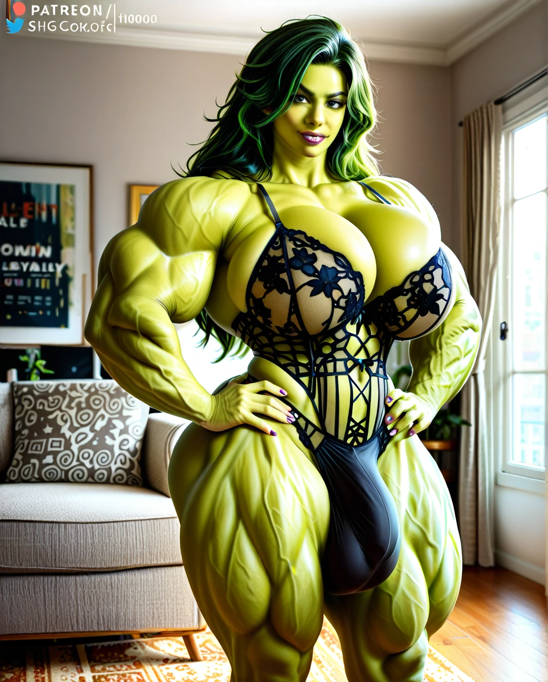 She hulk, hyper massive muscles female, massive muscles buffet, hyper gigantic muscles, hyper gigant muscles, hyper giant muscles, hyper muscle tank, pectorales, lingerie stockings, bigger Futanari Cock bulge, home