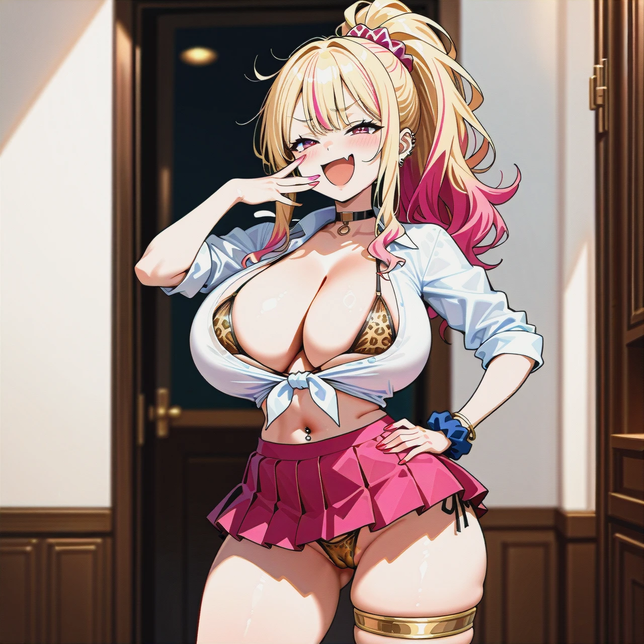 urakatuan, (full_body), gyaru, white_skin, hourglass_figure, thin_waist, (standing), (laughing), (smug), leopard_print, micro_bikini,, front-tie_shirt, pleated_skirt, micro_skirt, pink_skirt, choker, jewelry, navel_piercing, gold_thighlet, scrunchie, (multicolored_hair), blonde_hair, pink_hair, disheveled_hair, huge_hair, ponytail, sidelocks, (skin_fang), (huge_breasts), wide_hips, huge_thighs, cameltoe