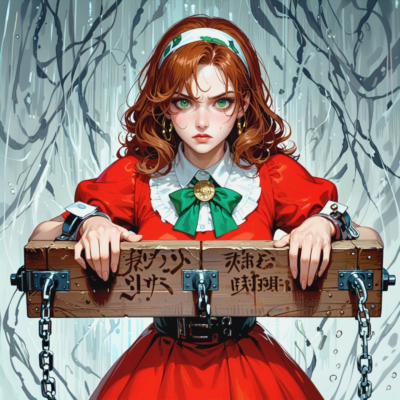 A petite reddish haired woman in stocks pose, wearing tight red dress, style of charlie bowater, cool shadows warm highlights soft focus scratches patina directed cinematography movie film classic, a look of shock, iron cuffs on wrists and ankles, She has long brown hair with two green bows on her head. She has big green eyes and a serious expression.She has a chain around her neck and a headband chained to her neck ,