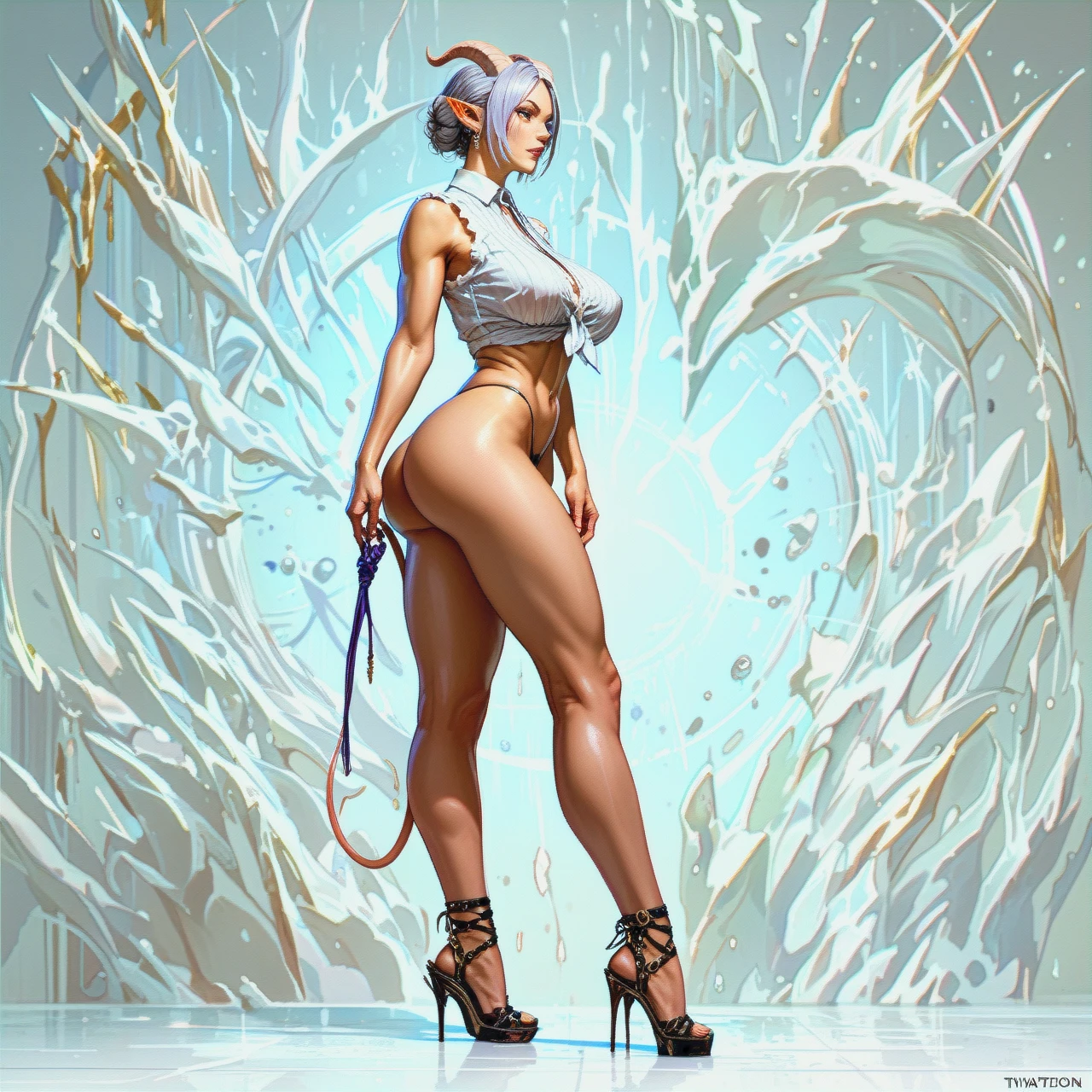 Tiefling, Massive legs, slim top, long legs, big athletic bubble butt, thin thong, side view, detailed, exposed natural tits, exposed heavy ass, thin waist, shaved pussy, pretty face