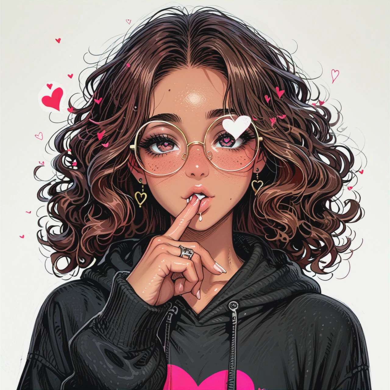 Slim tanned brunette wavy hair round glasses (flat_chest) freckles ,(heart-shaped_eyes) sucking finger,hearts,black-blouse (hoodie),