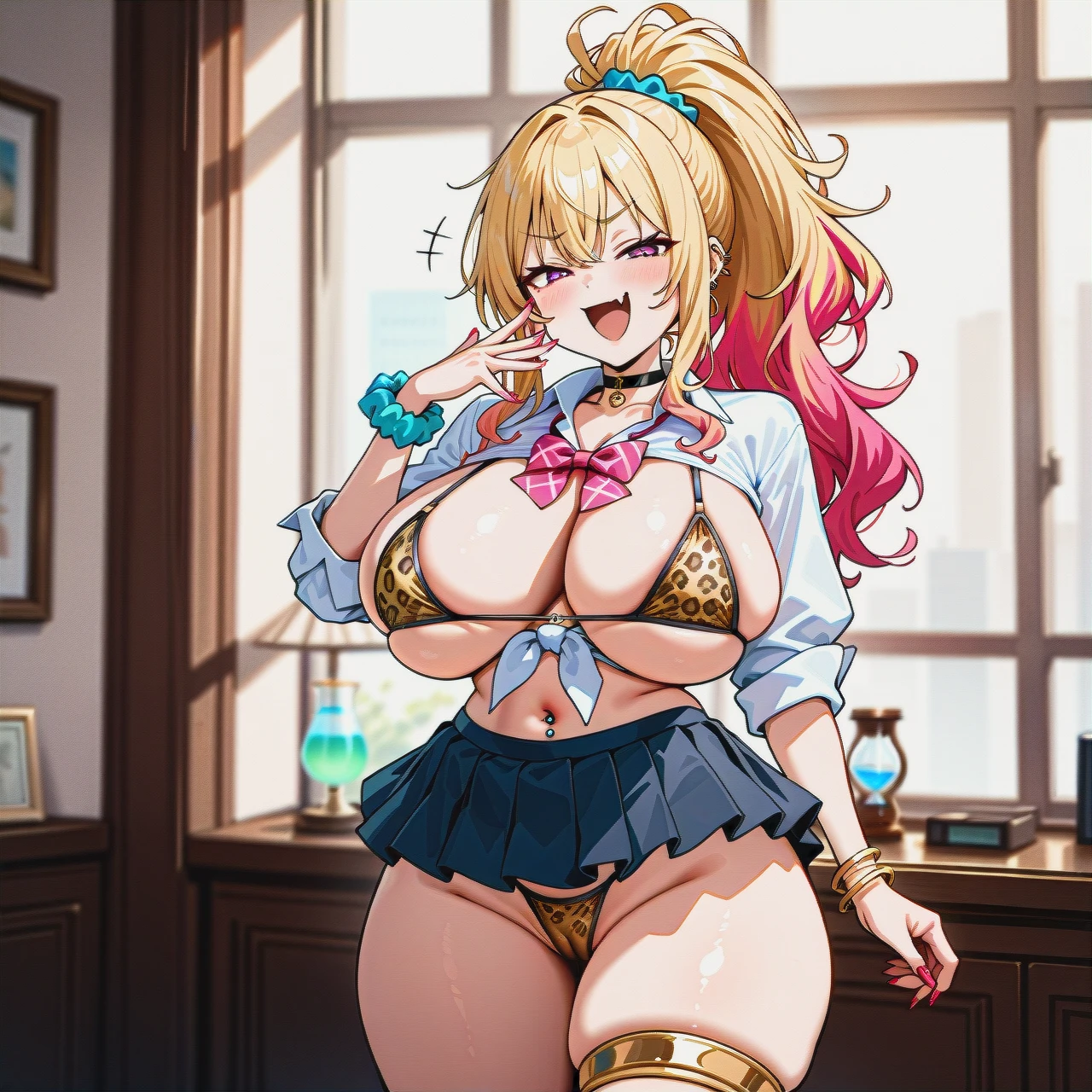 shioiri_numa, (full_body), white_skin, gyaru, hourglass_figure, thin_waist, (standing), (laughing), (smug), leopard_print, micro_bikini,, front-tie_shirt, pleated_skirt, pink_microskirt, choker, jewelry, navel_piercing, gold_thighlet, scrunchie, (multicolored_hair), blonde_hair, pink_hair, disheveled_hair, huge_hair, ponytail, sidelocks, (skin_fang), (huge_breasts), wide_hips, huge_thighs, cameltoe