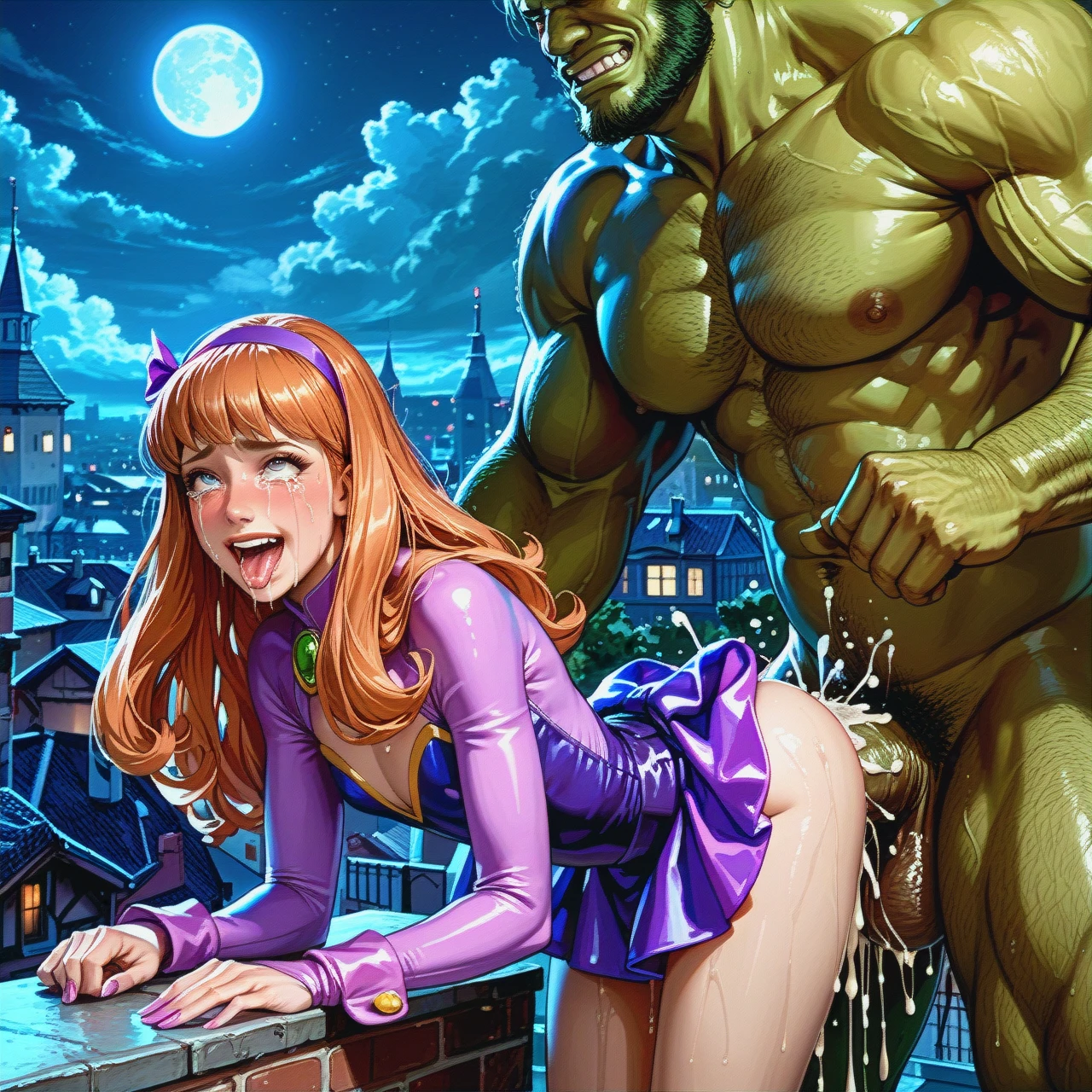 Detailed,night,rooftop,petite flat chest Daphne Blake, outfit,standing doggystyle,huge hulk,hyper gigantic cock, anal sex,blushing happy,ahegao,tears,cum dripping,anal stretch