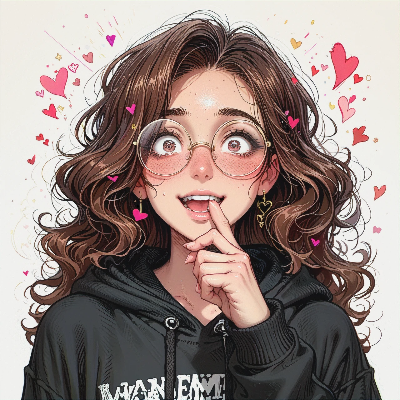 Slim tanned brunette long wavy hair round glasses (flat_chest) freckles ,(wide-eyed),(blush) sucking finger,hearts,black-blouse (hoodie),solo,(excited)