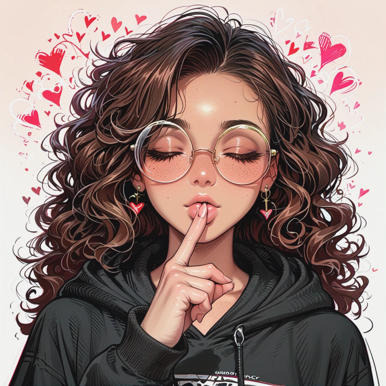 Slim tanned brunette wavy hair round glasses (flat_chest) freckles ,(closed_eyes) sucking finger,hearts,black-blouse (hoodie),