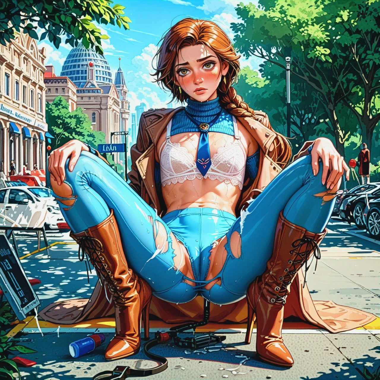 1girl,solo, , , , nose blush,camel toe,flat chest,backward,blue turtleneck, ripped pants,torn thighhighs,tie clip,lace bra,knee boots, brown jacket,anklets,jewelry,wet bra,stiletto heels, in a gym, park, spaceship, girl lara croft, rapunzel, ariel waifu