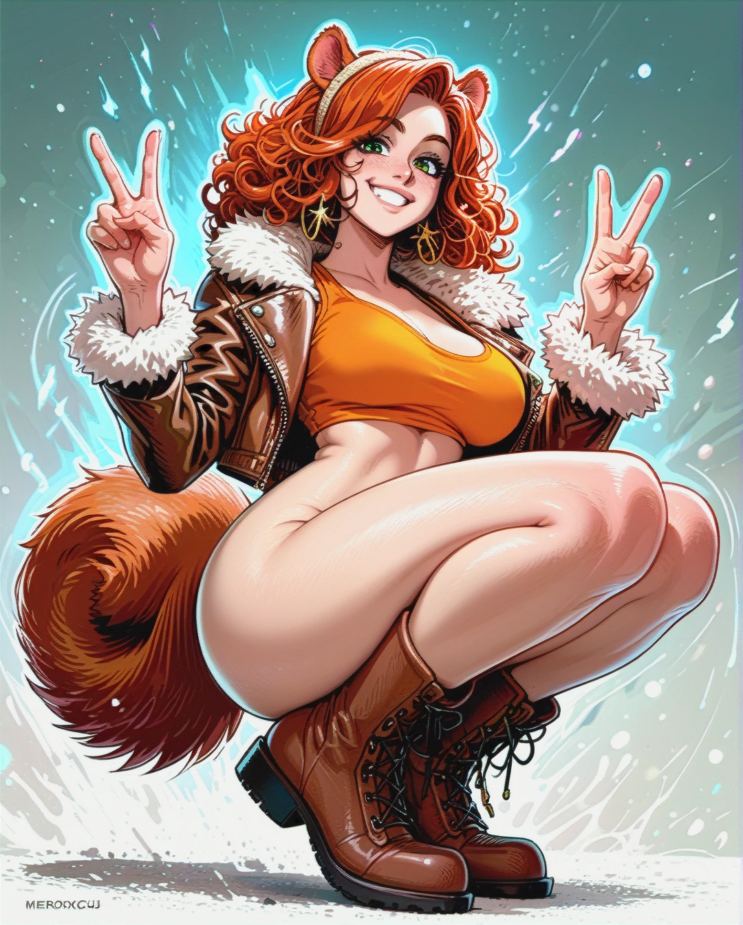 the unbeatable squirrel girl, fur lined brown leather jacket, orange crop top, squirrel tail, naked below waist, bottomless, fur lined brown boots, squirrel ear hair band, smiling, looking over shoulder, smiling, ginger hair, pixie  curly hair, rounded breasts, rounded ass, large ass, thick ass, thick thighs, squatting, twerking, peace sign