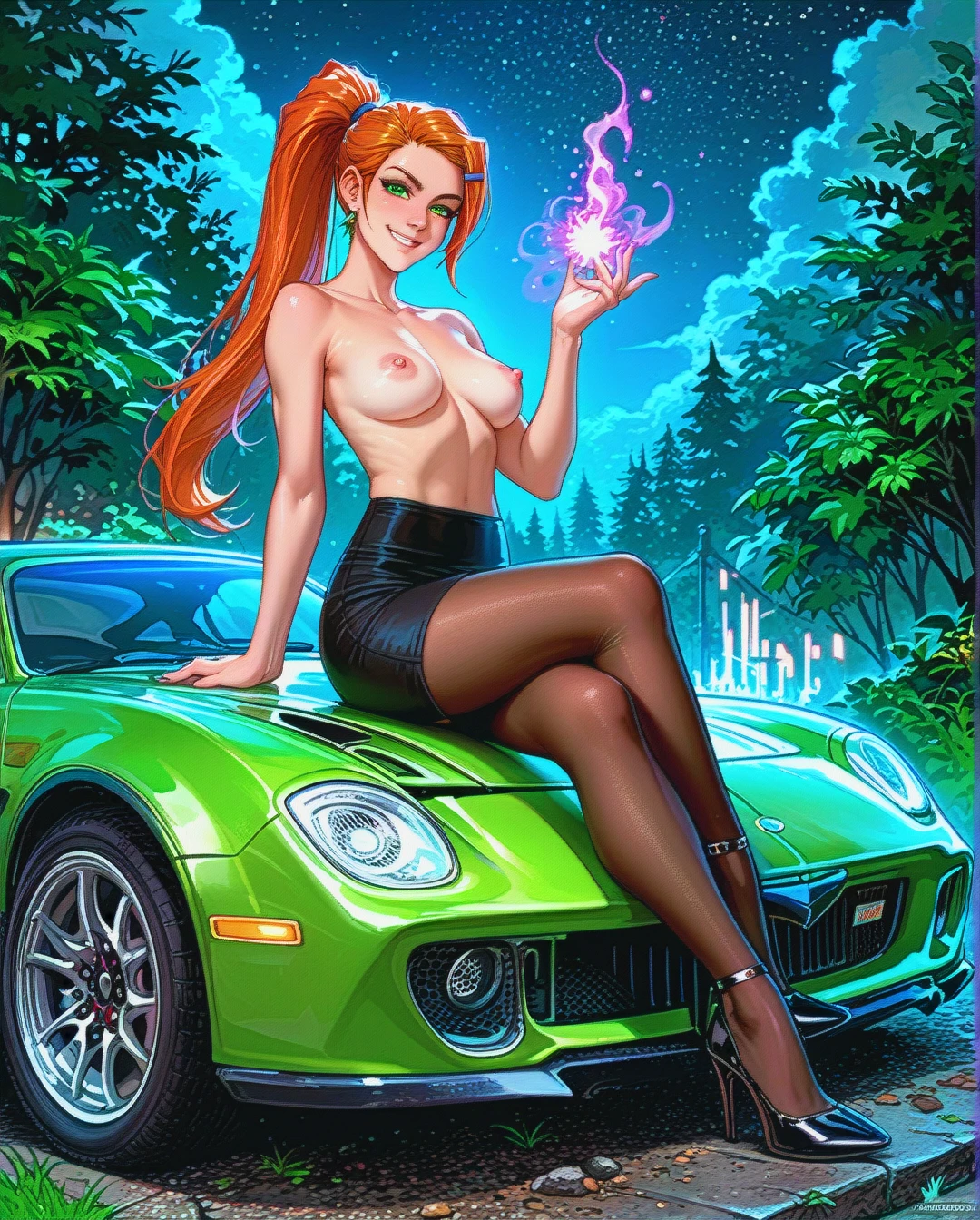 gwen tennyson from ben 10 alien force, green eyes, smiling, long ponytail, topless, black tights, black pencil skirt, black heels, purple magic, outside, sitting on hood of large green muscle car, night