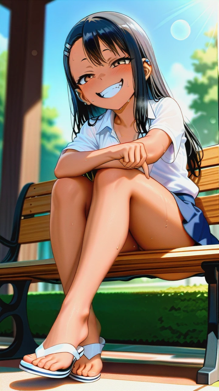 @nagatoro_hayase, upskirt, sitting on bench in park on a hot summer day, sweat, undressing her shoes and revealing her bare foot, smug grin, foot, toes, (from_below)