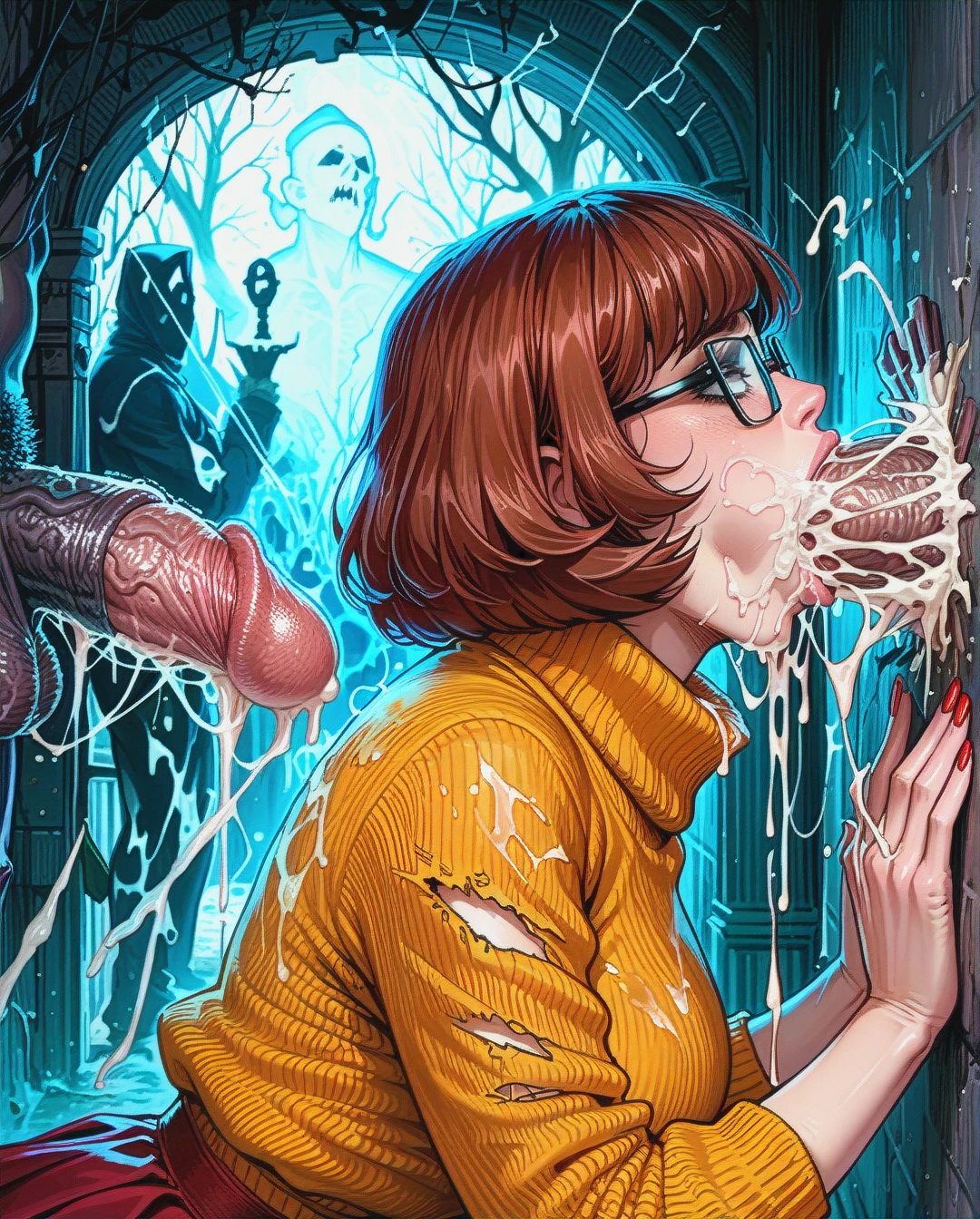 velma dinkley, pressed against wall, ripped clothes, glasses, deepthroat, face fucking, haunted house, night, ghost man, surrounded by ghosts, extreme massive hyper penises, cum in mouth, excessive cum, covered in cum, monsters watching