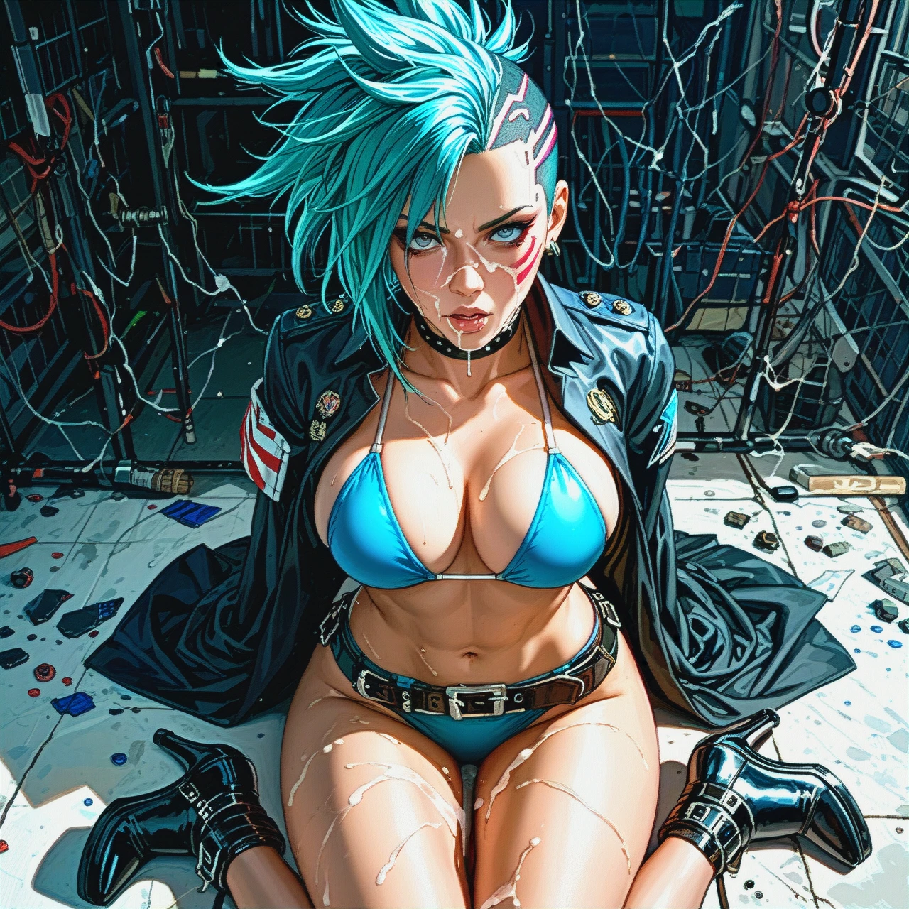 1girl,solo, a girl doggystylel_sex, pec_sucking, facial_hair, fisheye_view,thigh_holster,absurdres,broad_shoulders, black_robe,mikuhatsune,BIKINI,high_heels, school_uniform, restrained, cyberpunk