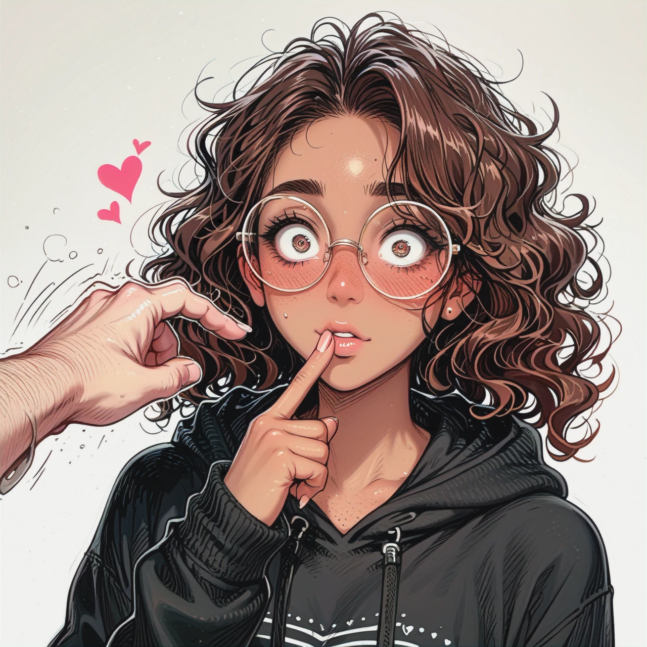 Slim tanned brunette wavy hair round glasses (flat_chest) freckles ,(wide-eyed),(blush) sucking finger,hearts,black-blouse (hoodie),