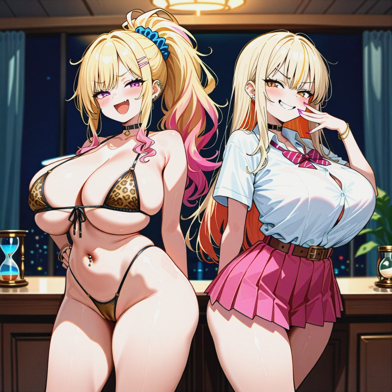 cristiandeku1, (full_body), gyaru, white_skin, hourglass_figure, thin_waist, (standing), (laughing), (smug), leopard_print, micro_bikini, highleg_panties,, front-tie_shirt, pleated_skirt, micro_skirt, pink_skirt, belt choker, jewelry, navel_piercing, scrunchie, (multicolored_hair), blonde_hair, pink_hair, disheveled_hair, huge_ponytail, sidelocks, (skin_fang), (huge_breasts), wide_hips, huge_thighs, cameltoe