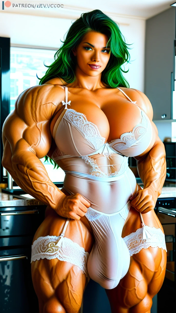 She hulk, hyper massive muscles female, massive muscles buffet, hyper gigantic muscles, hyper gigant muscles, hyper giant muscles, hyper muscle tank, pectorales, lingerie stockings, bigger Futanari Cock bulge, home