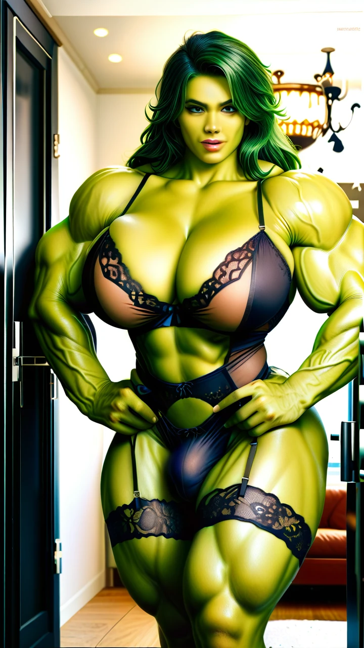 @she_hulk, hyper massive muscles female, massive muscles, hyper gigantic massive muscles, massive muscles, hyper gigantic muscles, hyper gigant muscles, hyper giant muscles, hyper muscle tank, pectorales, futa bigger cock bulge, lingerie stockings, home