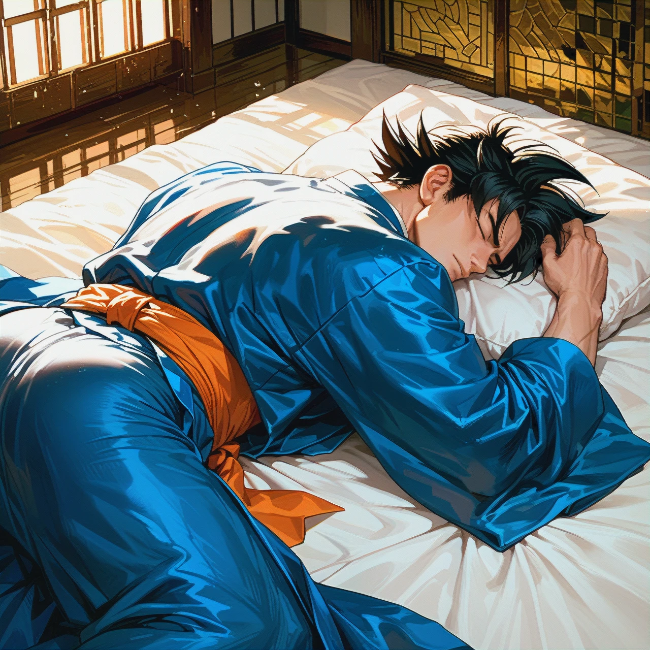 male goku on bed ass sleeping and wearing a kimono