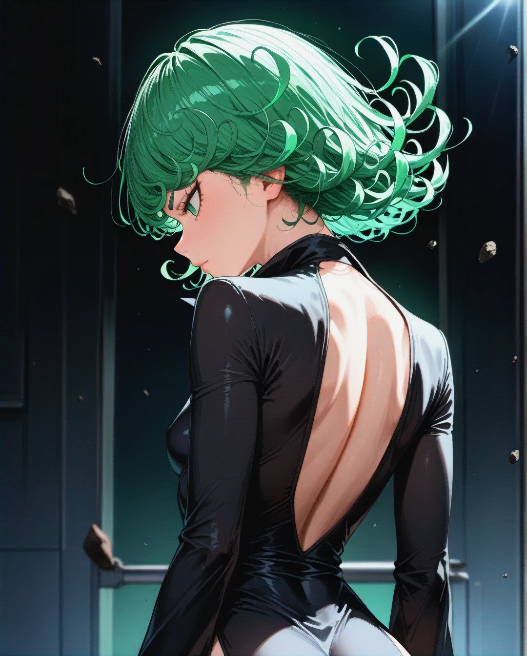 1girl, character tatsumaki, (perfect face), (very skinny: 1,1), in black dress with long sleeve, floating in the air, (back_focus), (profile), looking down