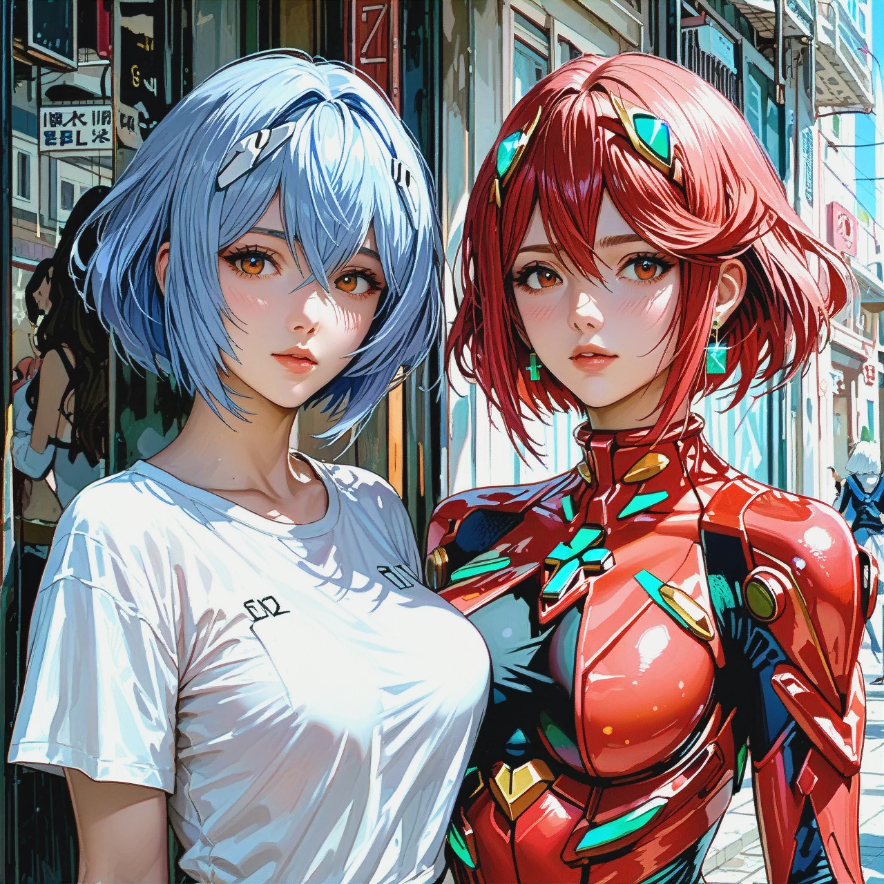 2girls, ayanami rei \(neon genesis evangelion\),and, pyra \(xenoblade\),