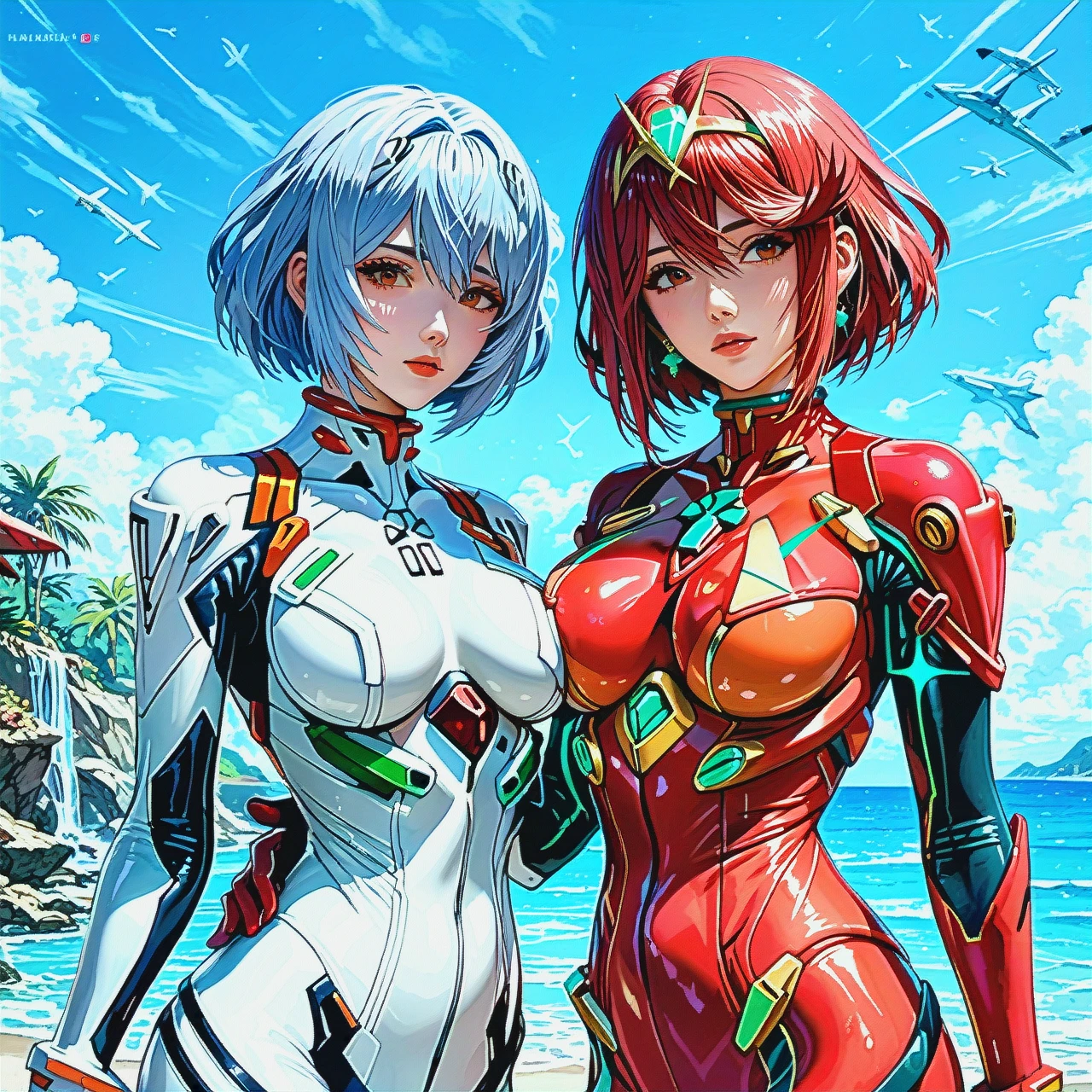 2girls, (ayanami rei neon genesis evangelion plugsuit bodysuit), brake, (pyra xenoblade plugsuit bodysuit),