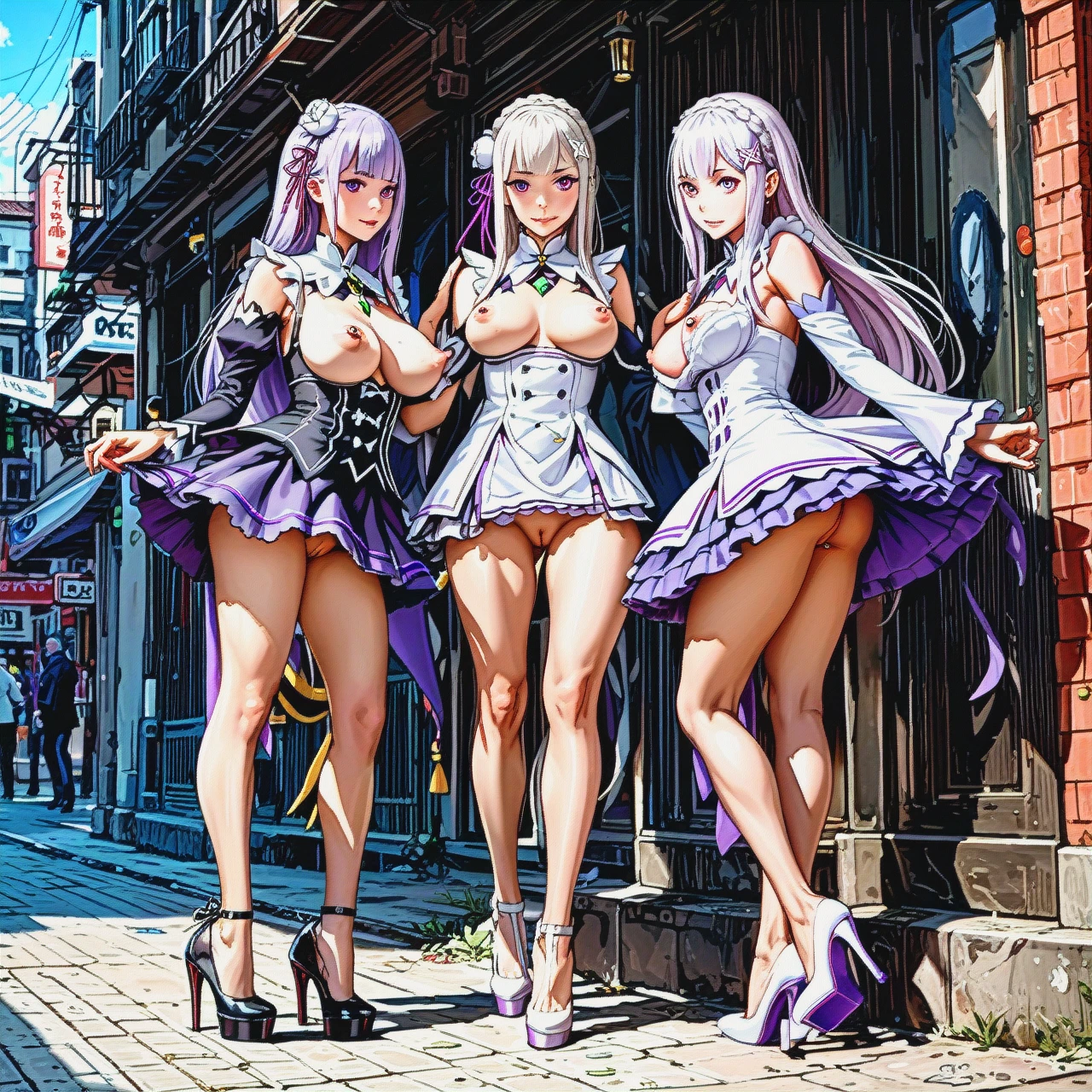 Three girls are standing on the street  (cropped_torso) (upskirt) high heels. clit.   piercing clit. pussy. (breastless_clothes) beauties.  piercing nipples. boop   @emilia   14years