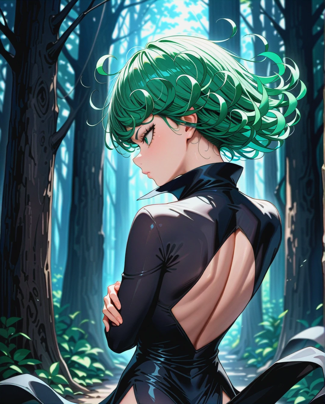 1girl, character tatsumaki, (perfect face), (very skinny: 1,1), in black dress with long sleeve, floating in the air, (back_focus), (profile), looking down, arms crossed, forest