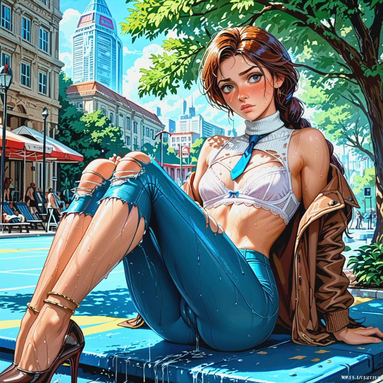 1girl,solo, , , , nose blush,camel toe,flat chest,backward,blue turtleneck, ripped pants,torn thighhighs,tie clip,lace bra,knee boots, brown jacket,anklets,jewelry,wet bra,stiletto heels, in a gym, park, spaceship, girl lara croft, rapunzel, ariel waifu