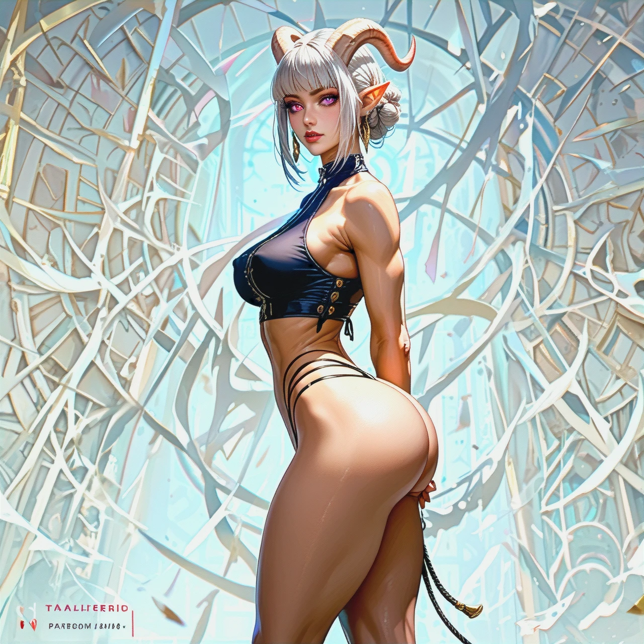 Tiefling, Massive legs, slim top, long legs close up, big athletic bubble butt, thin thong, side view, detailed, exposed perfect tits, exposed heavy ass, thin waist, show shaved pussy