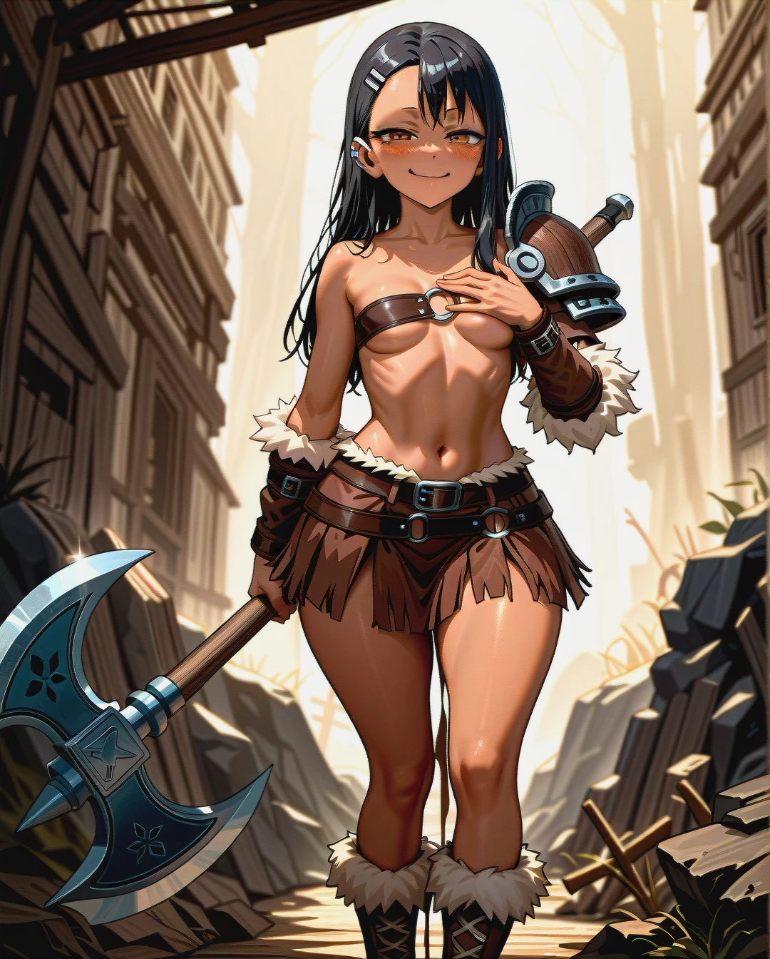 @nagatoro_hayase, legs,big butt,barbarian shoulder pad on left hand,opened chest,barbarian skirt,fur boots,standing,half-closed eyes,calm face,viking axe in left hand