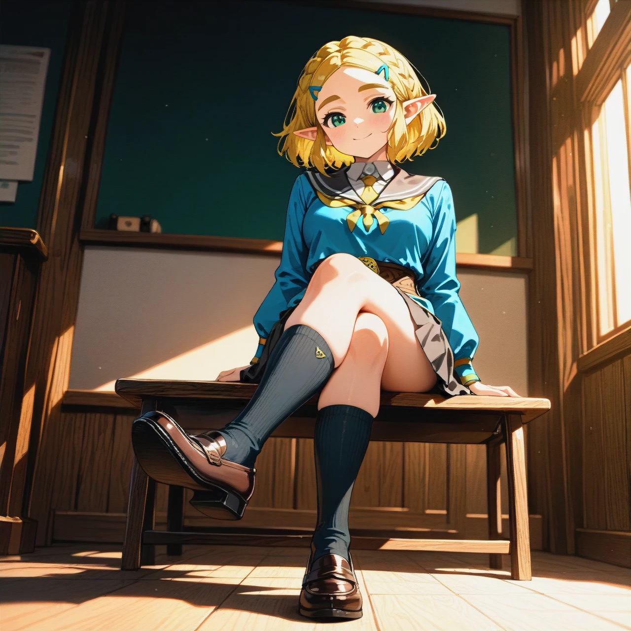 schoolgirl, skirt, shoes, socks, school_uniform, full_body, (wide_shot), (dutch_angle),   sitting, (crossed_legs),   (smile),  @princess_zelda