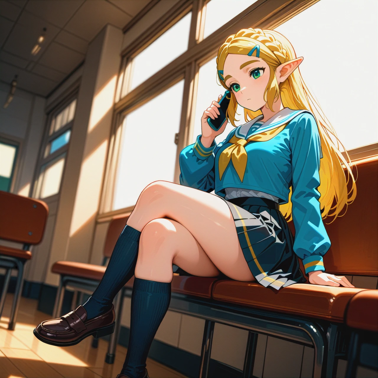 schoolgirl, skirt, shoes, socks, school_uniform, full_body,   (wide_shot), (dutch_angle), (looking_at_phone)  sitting, (crossed_legs),  (bored)  @princess_zelda