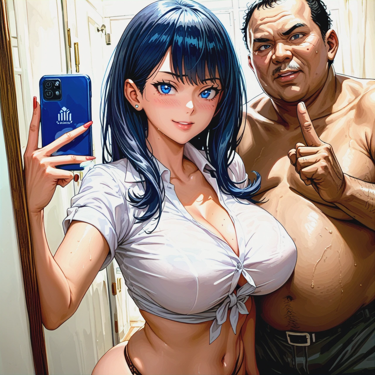 @takarada_rikka , perfect body, (large_breasts) , huge ass, selfie, (middle_finger) , ugly fat man, dark skinned man, big penis, (netorare)