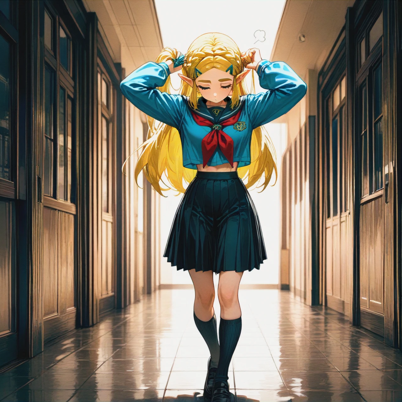 schoolgirl, skirt, shoes, socks, school_uniform,   (wide_shot), (dutch_angle)   (wallwalking), (tying_hair)  (sigh),   (skinny)  @princess_zelda