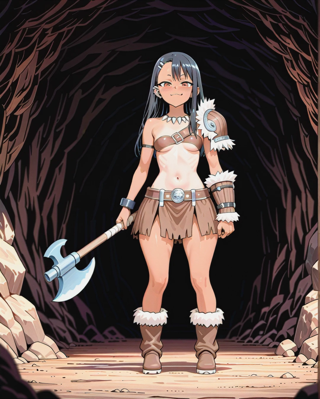 @nagatoro_hayase, legs,big butt,barbarian shoulder pad on left hand,opened chest,barbarian skirt,fur boots,standing,viking axe in left hand, in a cave, torchs