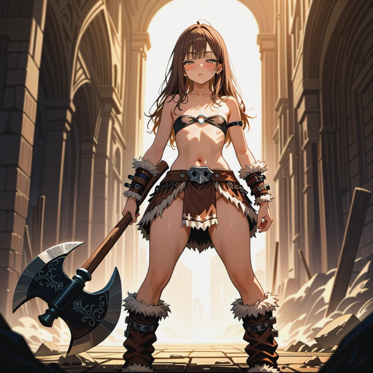 boy,very feminine fit,very feminine face,silm fit,medium brown hair,long legs,big butt,barbarian clothes,opened chest,barbarian skirt,fur boots,big grey eyes with eyelashes,big lips,pointed face,standing,half-closed eyes,flat chest,calm face,battle-axe in left hand