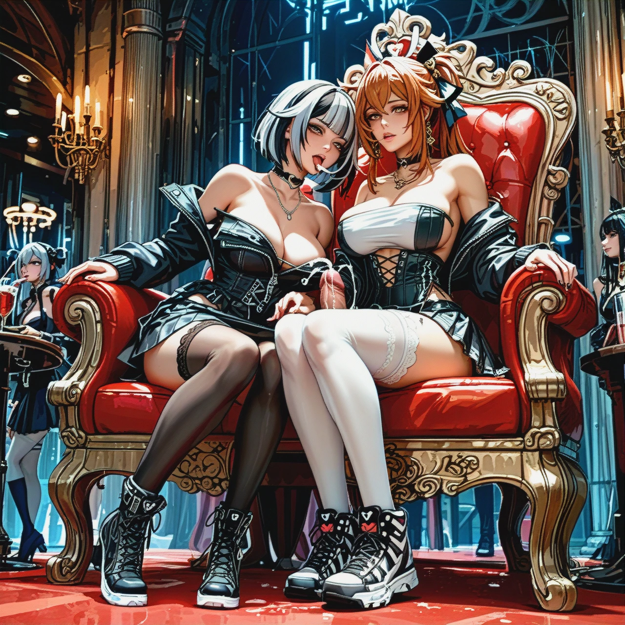 2girl, two girls, licking_balls, huge_squirting, grey_eyes,genshin_impact,large_boob slip,waist, sweatshirt,neclace,lace_choker,zebra_dick,sneakers, knee-high_socks,panties_down,gothic_boots, lifted_skirt,white_stockings,heart_necklace,strapless,no_shoes, club, throne_room, anime_style, dark_brown eyes, waifu