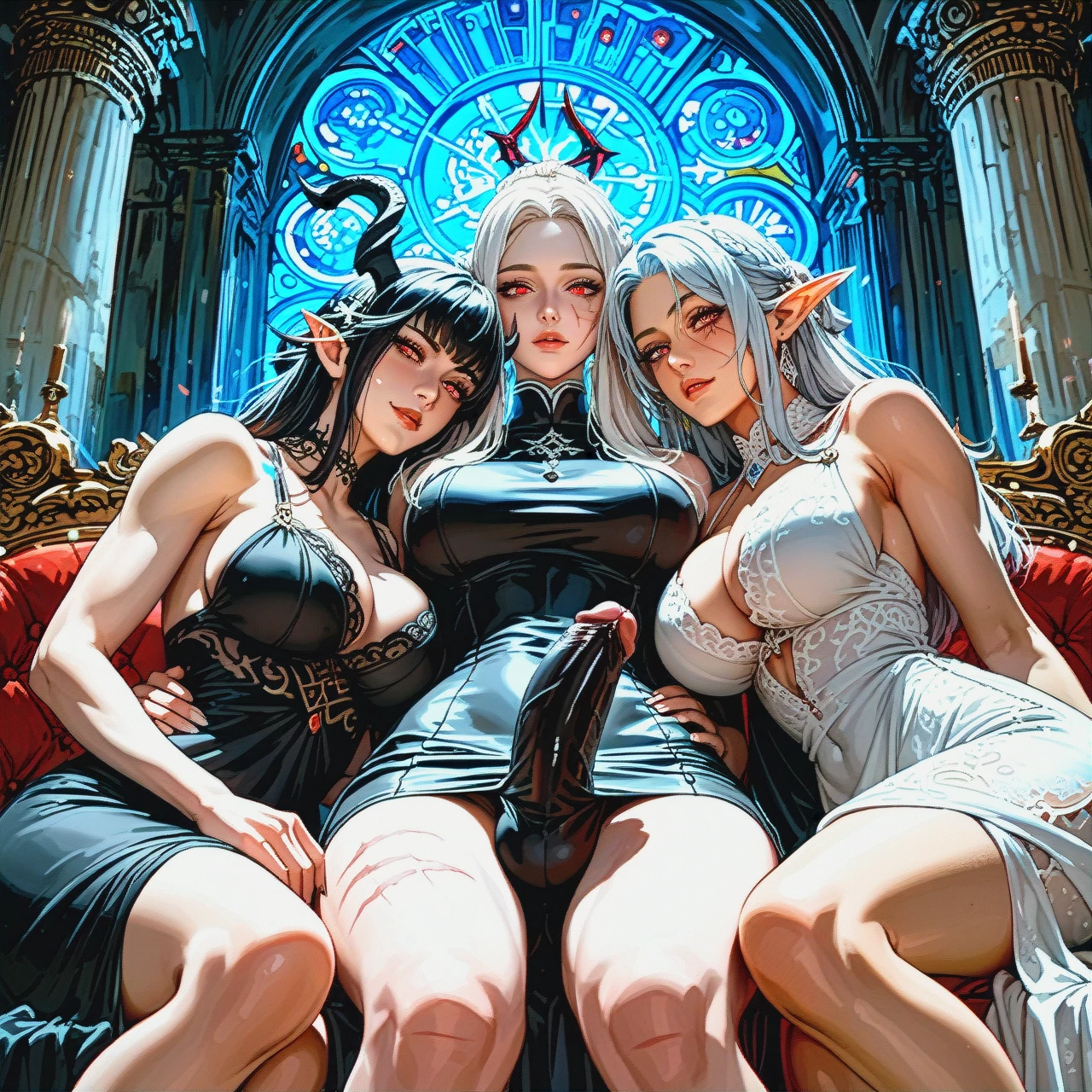 3 woman, (full-package_futanari), (cuddling), night, scars  Woman1: Black hair, red eyes, elf, black dress, bulge penis   Woman2: White hair, red eyes, elf, white dress, bulge penis   Woman3: White hair, white eyes, elf, black horns, black dress, bulge penis