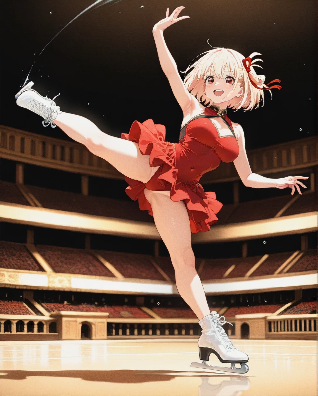 @nishikigi_chisato, Figure Skating Costume, dress, spangle, ,spin,jump,detailed eyes,skatelink,colosseum,