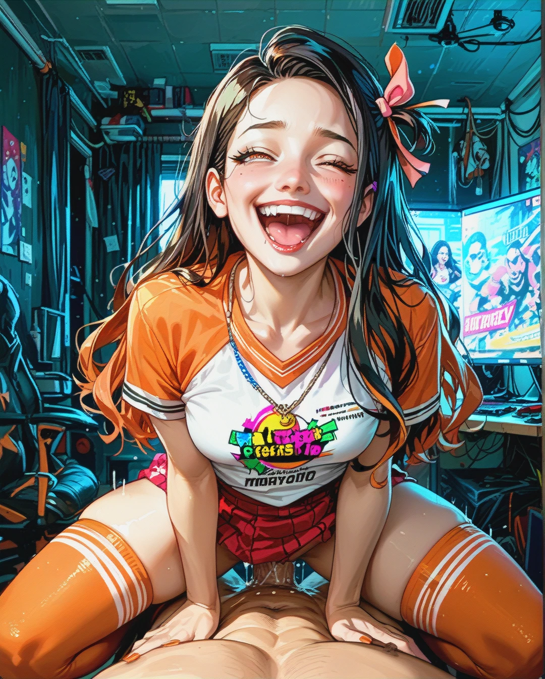 Nezuko kamado,sex,in gaming room,nerdy girl outfit,laughing,stockings,one eye closed