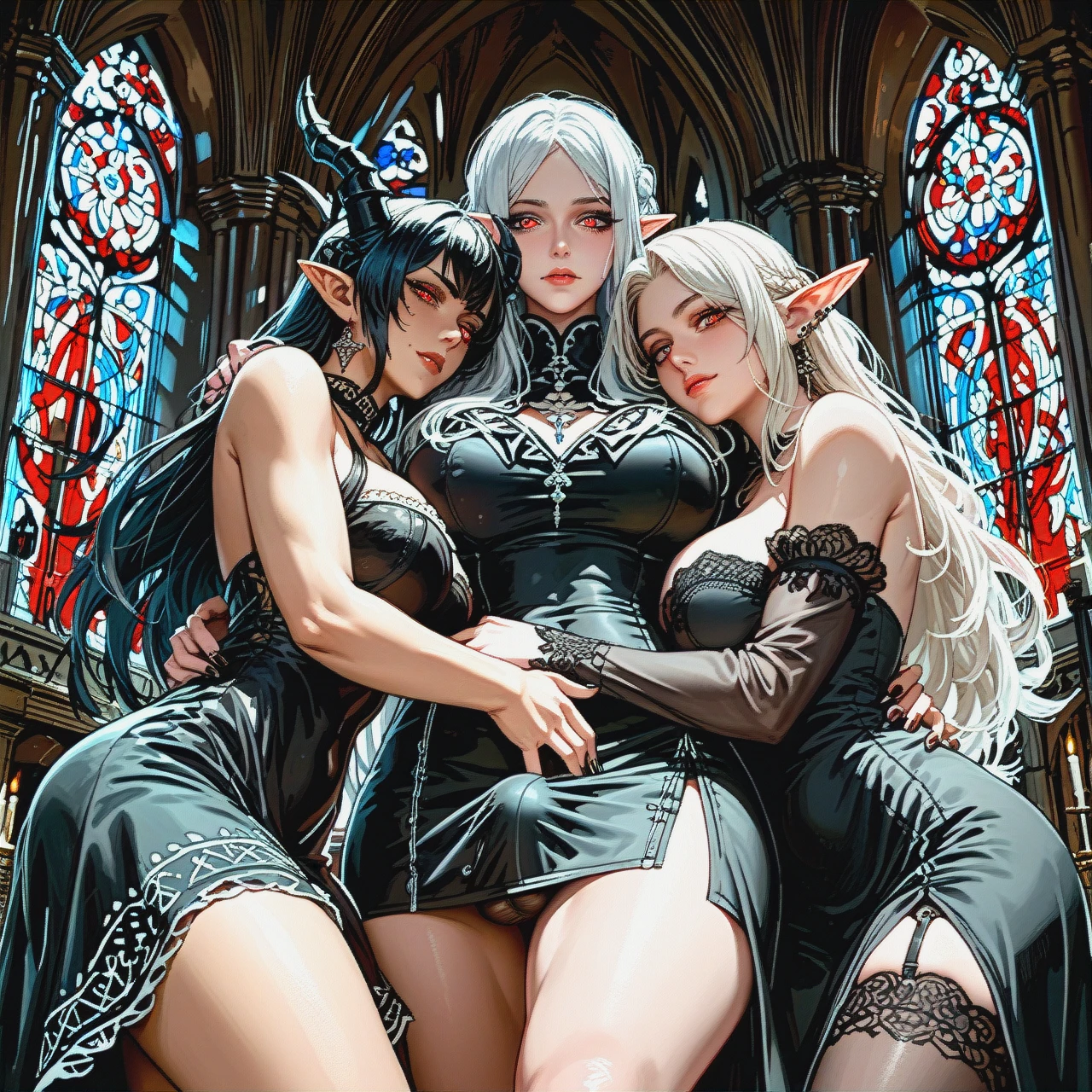 3 woman, (full-package_futanari), (cuddling), castle, dark goth  Woman1: Black hair, red eyes, elf, black dress, bulge penis   Woman2: White hair, red eyes, elf, white dress, bulge penis   Woman3: White hair, white eyes, elf, black horns, black dress, bulge penis