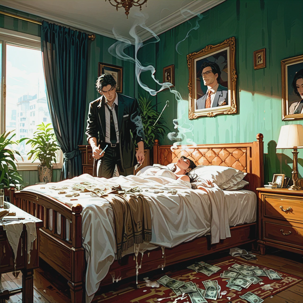 Bedroom, dim_light, 1man, 1girl, smoking, (after_sex), napkins_in_cum, money, (cumdrip)