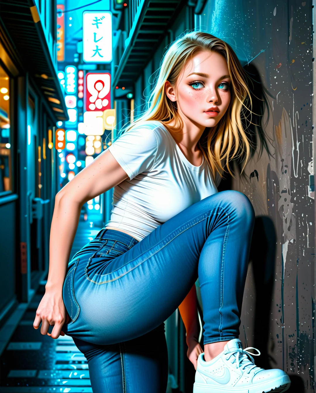 A beautiful naked woman walking through an empty city at night, in a cinematic style. Girl, blonde, Russian appearance, blue eyes, straight eyebrows, lush eyelashes, freckles near the eyes, dimples on the cheeks, lip groove, full upper lip, slender, athletic build, medium breasts, height 176, age of the girl 20 years, dressed in a white T-shirt, blue jeans, white sneakers, undressing on the camera