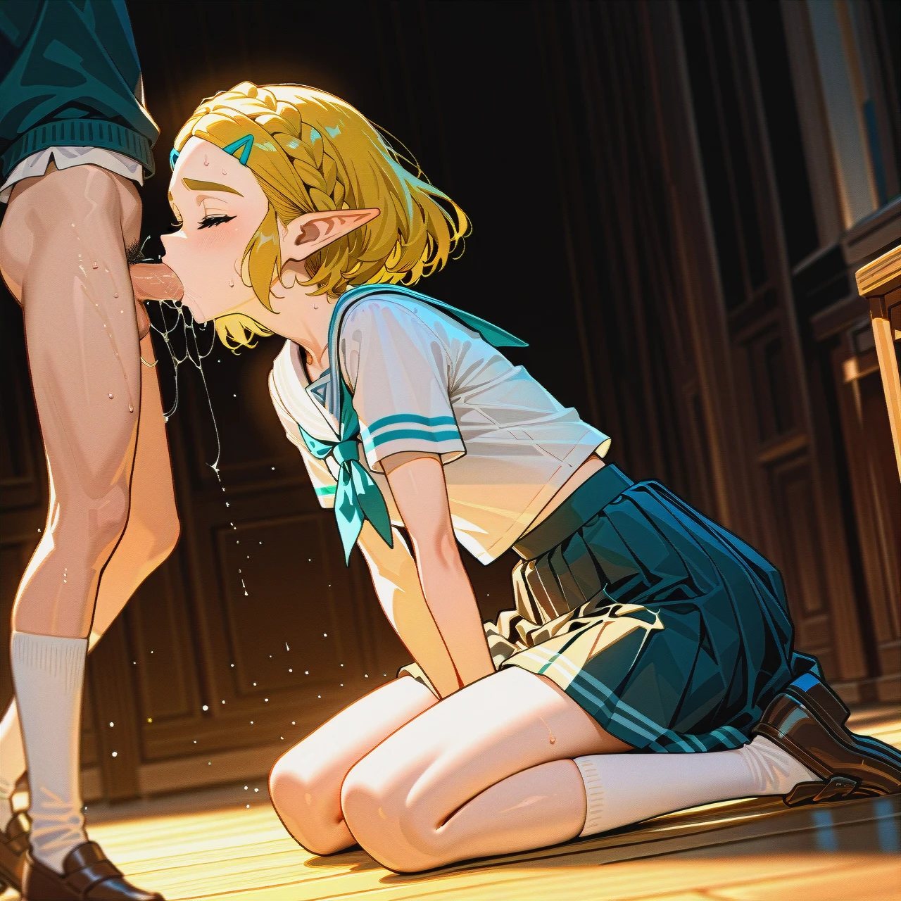 schoolgirl, skirt, shoes, socks, school_uniform,   (wide_shot), (dutch_angle), (from_side)  (fellatio), (masturbation), (hand_between_legs), (kneeling)  (eyes_closed), (saliva)  (skinny)  (voyeurism) @princess_zelda