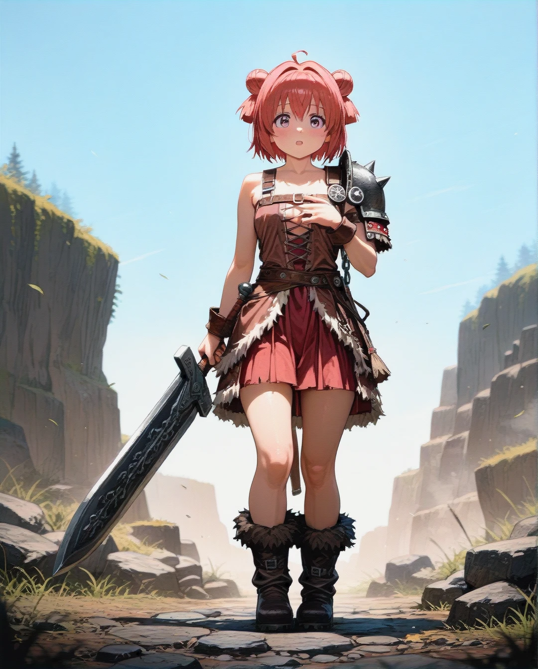 @akaza_akari, legs,barbarian shoulder pad on left hand,opened chest,barbarian skirt,fur boots,standing,viking blade in left hand