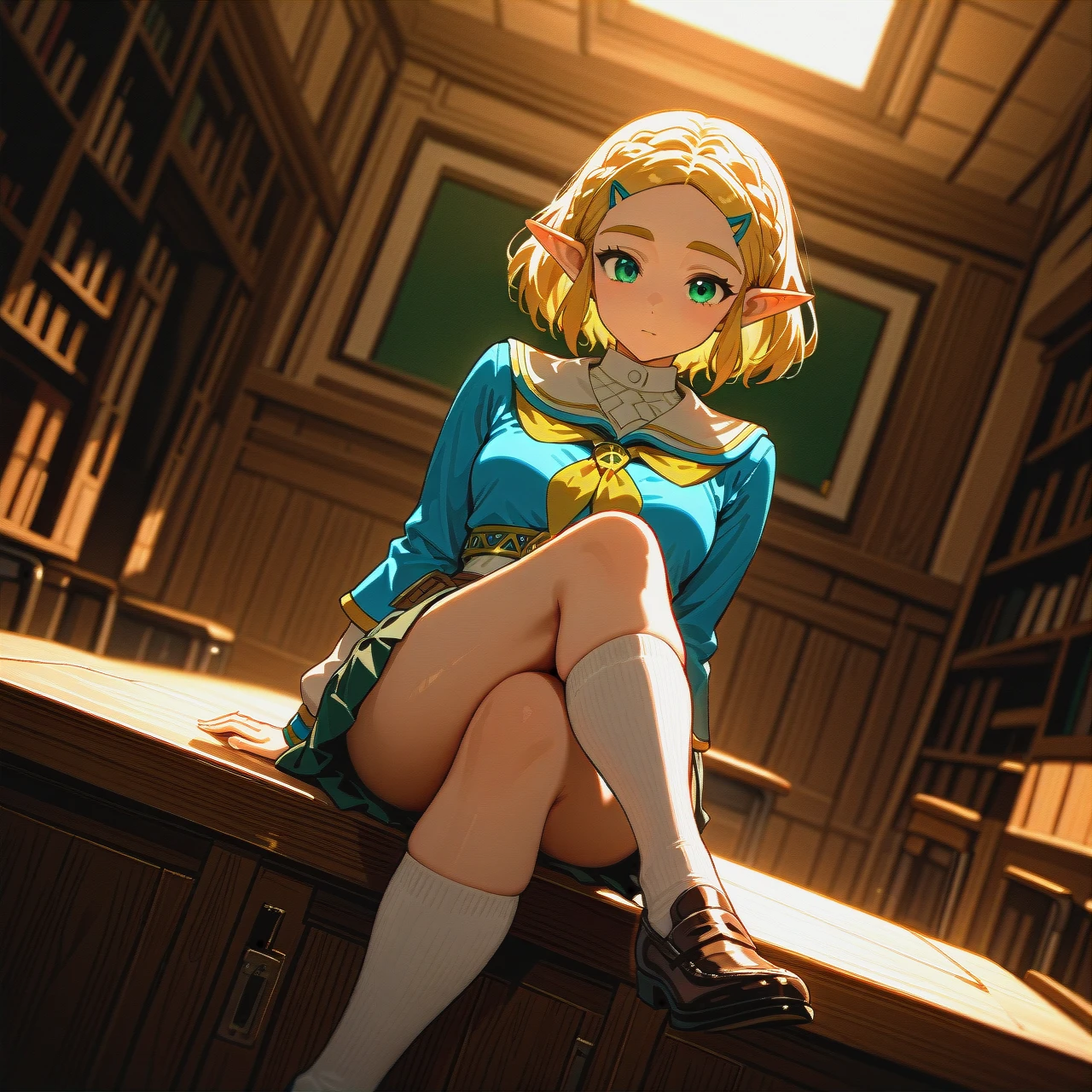 schoolgirl, skirt, shoes, socks, school_uniform, full_body,   (wide_shot), (dutch_angle),   sitting, (crossed_legs), (hands_on_own_face)  (bored)  @princess_zelda